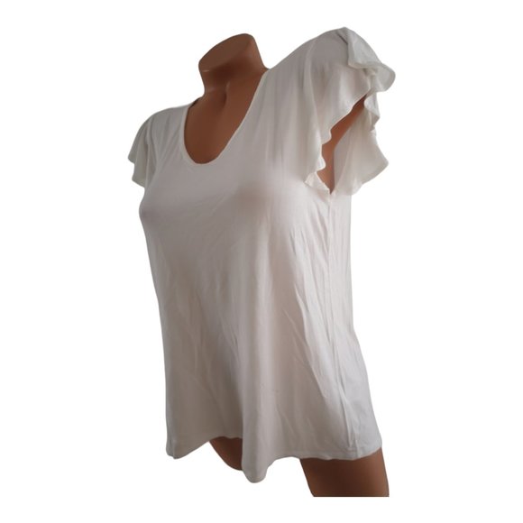 White Cable and Gouge Viscose Flutter Sleeves Tshirt Top XL - Picture 3 of 3